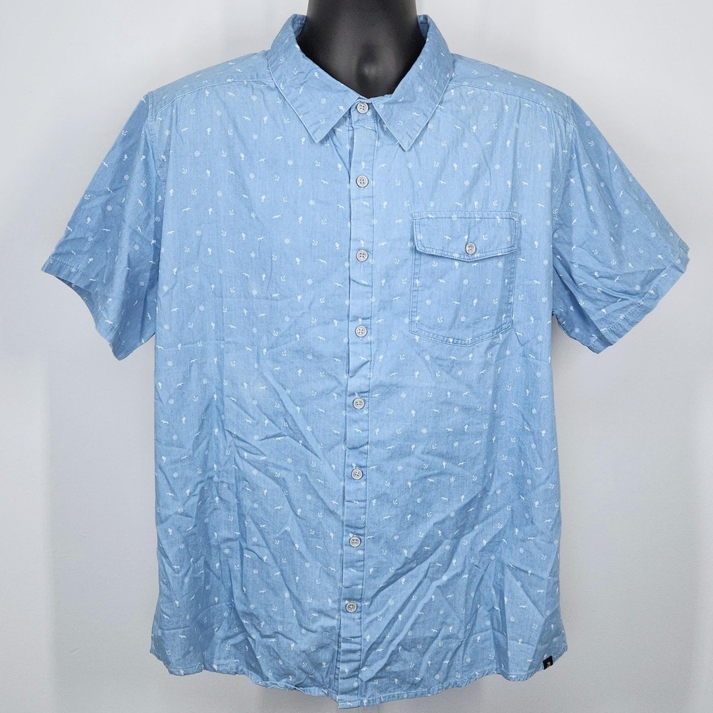 Him & Henry Shirt Mens XL Blue Sailor Print Chambray Short Sleeve Button Up NEW